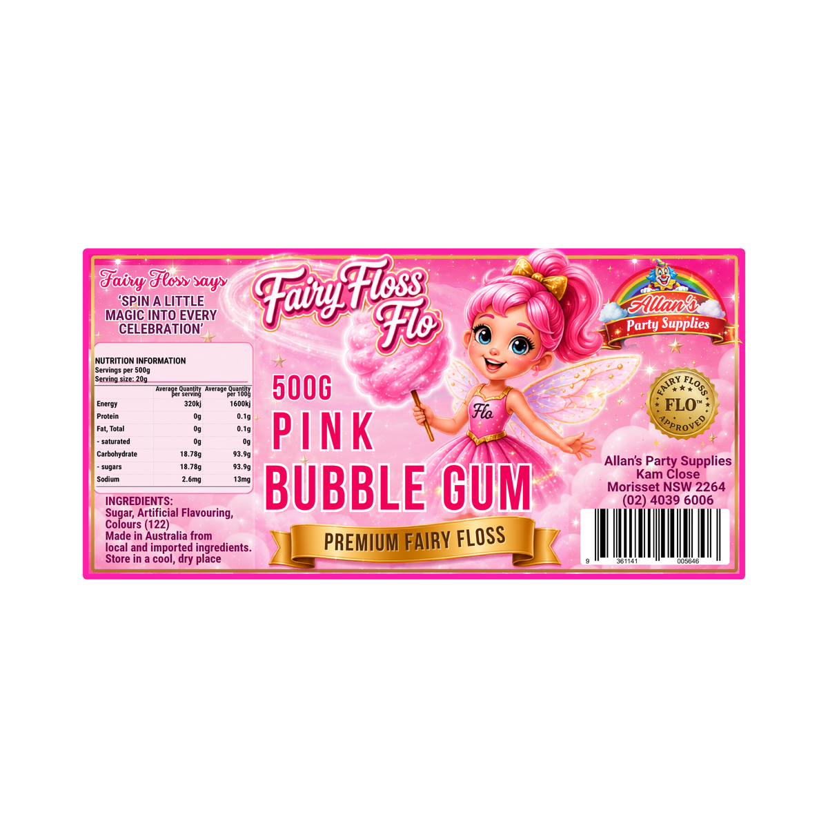 Pink Bubble Gum Fairy Floss Sugar – 500g Jar - Allan's Party Supplies