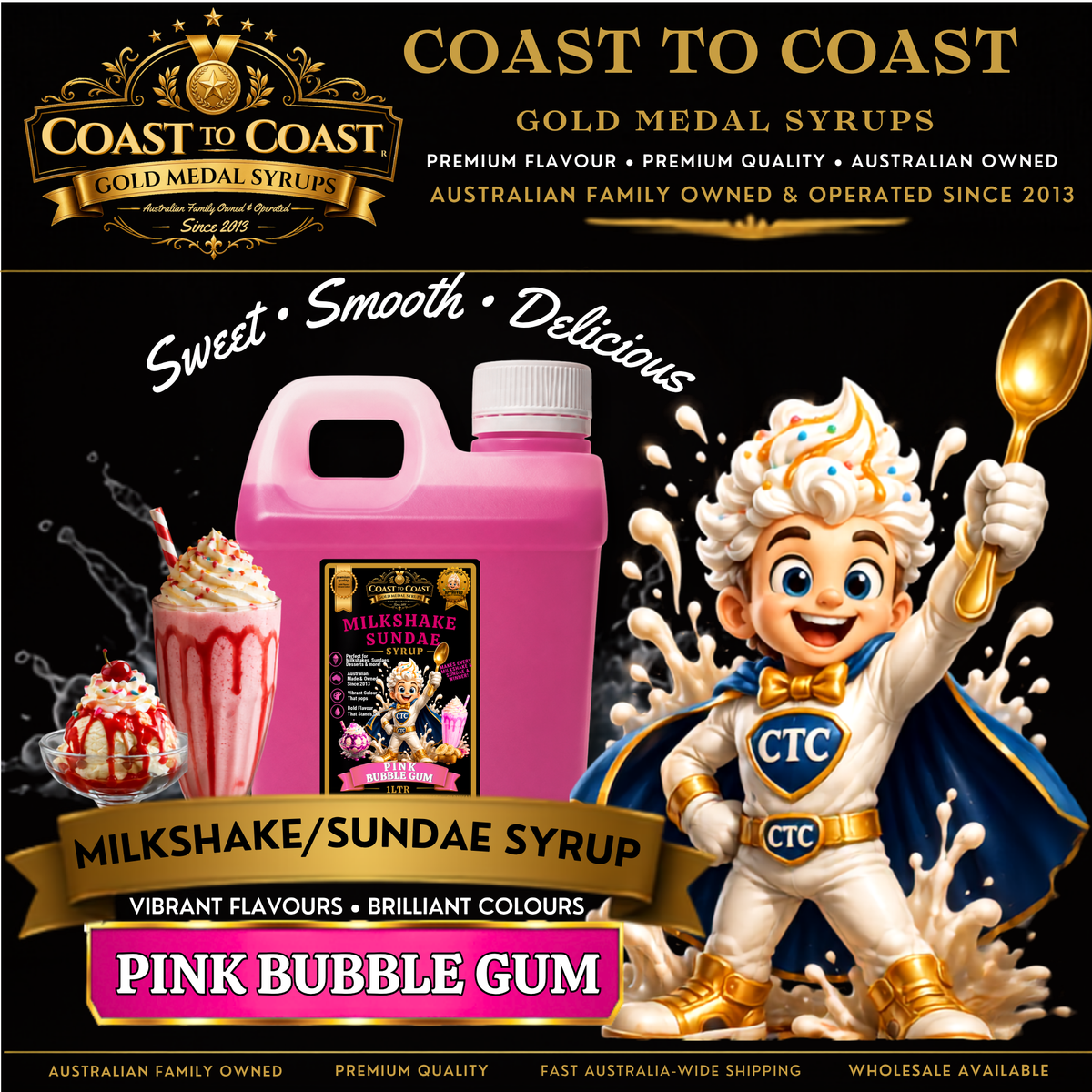 Pink Bubble Gum, Milkshake/Sundae toppings 1ltr - Coast to Coast Gold Medal Syrups®
