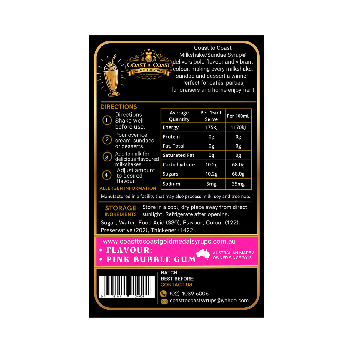 Pink Bubble Gum, Milkshake/Sundae toppings 1ltr - Coast to Coast Gold Medal Syrups®