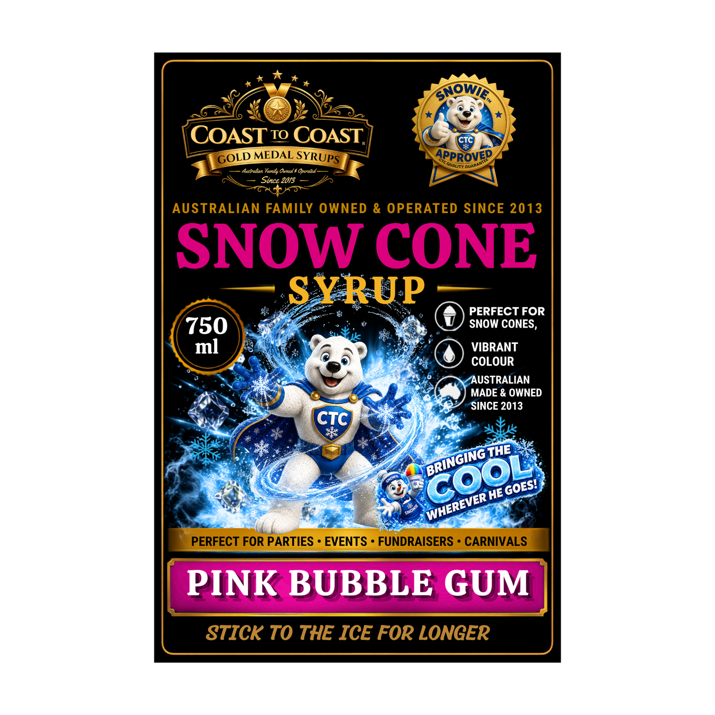 Pink Bubble Gum Snow Cone Syrups 750ml - Coast to Coast Gold Medal Syrups®