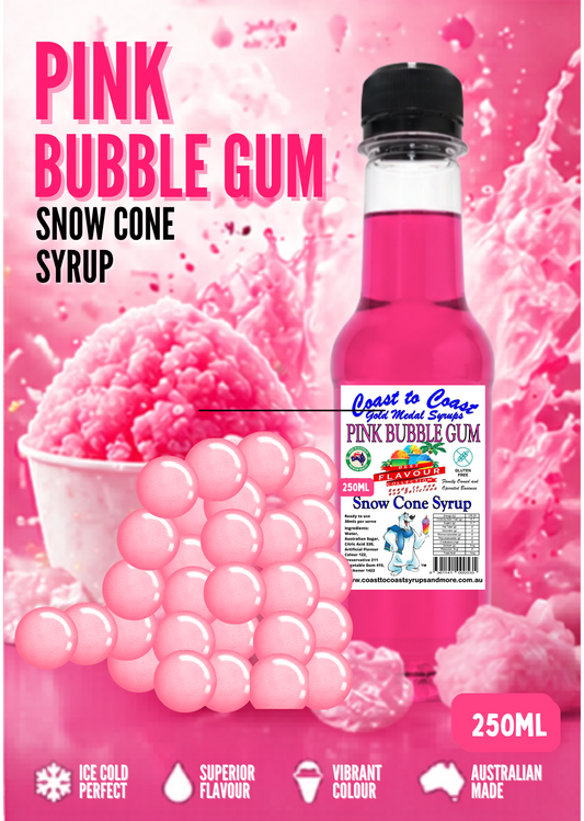 1.Pink Bubble Gum Snow Cone Syrup 250ml – Premium Ice Syrup | Coast to Coast Gold Medal Syrups®