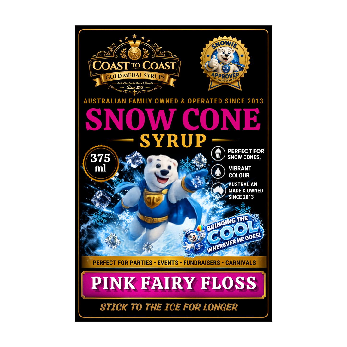 Pink Fairy Floss  Snow Cone Syrups 375ml - Coast to Coast Gold Medal Syrups®