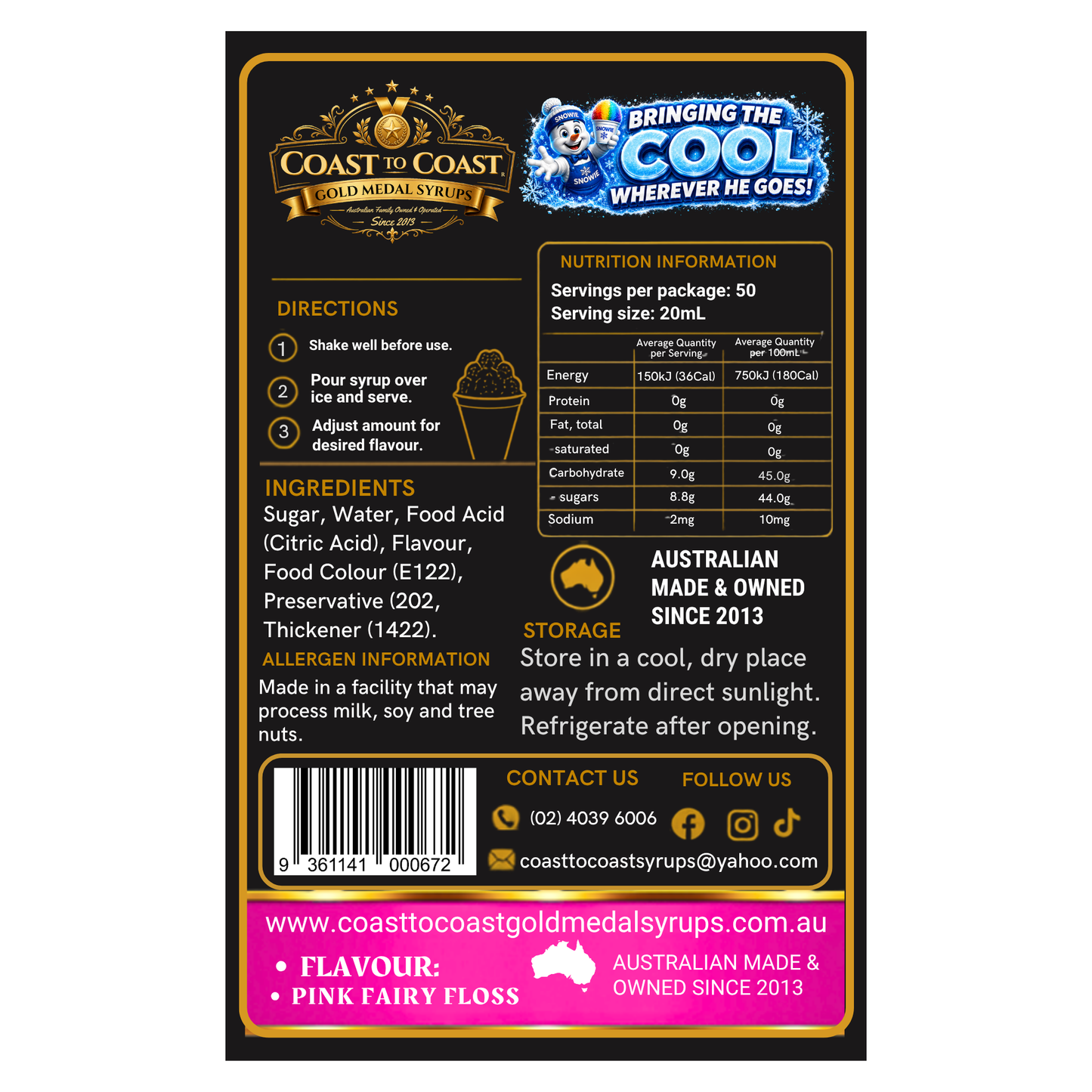 Pink Fairy Floss  Snow Cone Syrups 375ml - Coast to Coast Gold Medal Syrups®