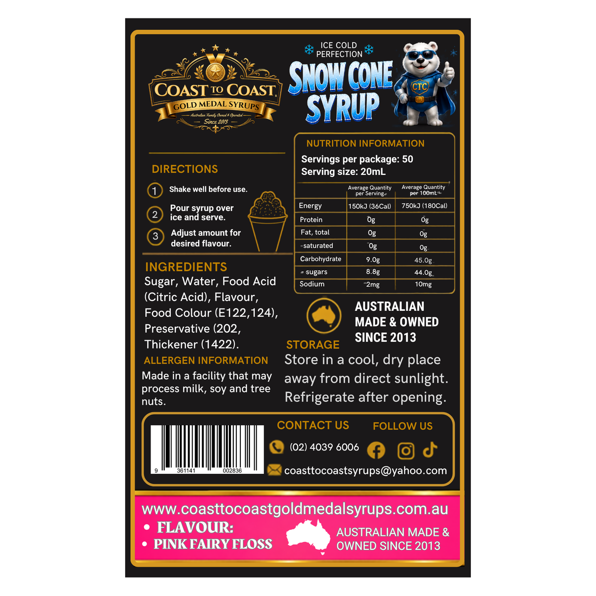Pink Fairy Floss Snow Cone Syrups 4ltr - Coast to Coast Gold Medal Syrups®
