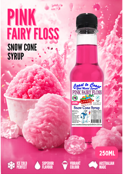 1.Pink Fary Floss Snow Cone Syrup 250ml – Premium Ice Syrup | Coast to Coast Gold Medal Syrups®