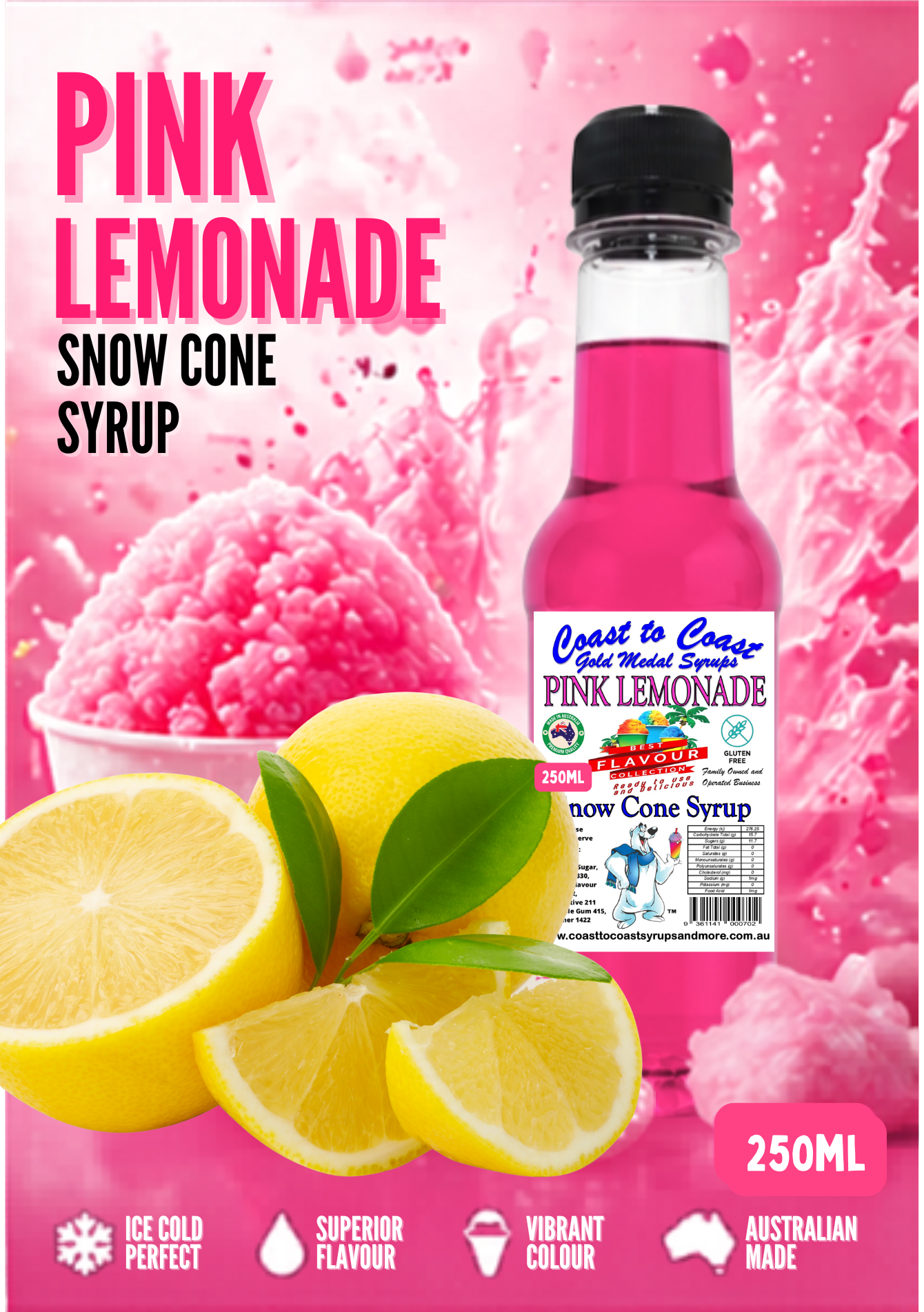 1.Pink Lemonade Snow Cone Syrup 250ml – Premium Ice Syrup | Coast to Coast Gold Medal Syrups®