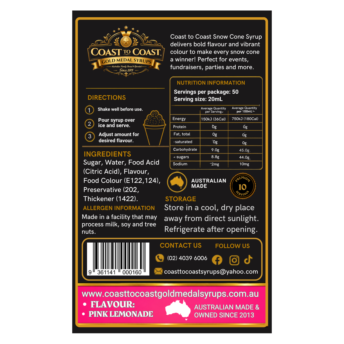 Pink Lemonade Snow Cone Syrups 250ml - Coast to Coast Gold Medal Syrups®