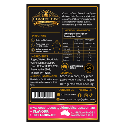 Pink Lemonade Snow Cone Syrups 2ltr - Coast to Coast Gold Medal Syrups®
