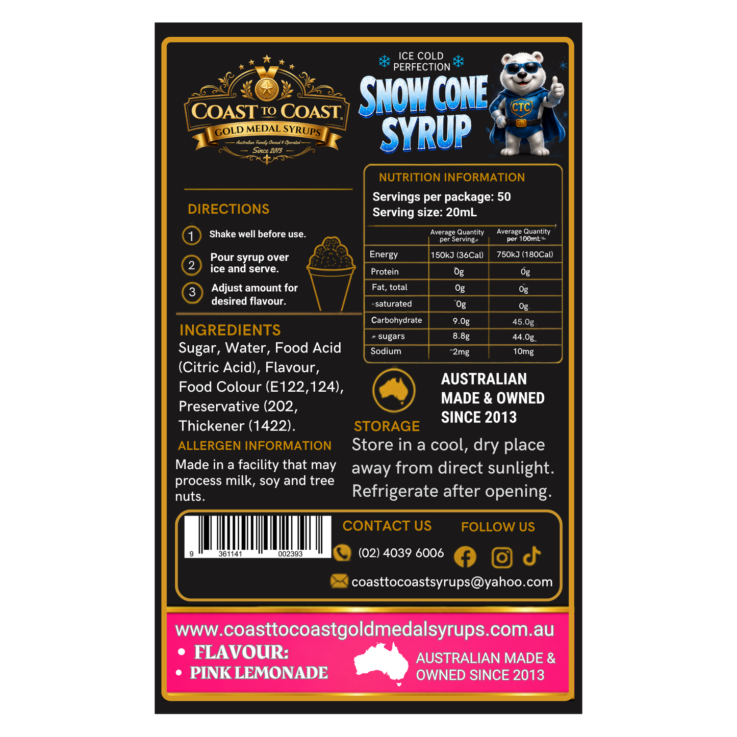 Pink Lemonade Snow Cone Syrups 2ltr - Coast to Coast Gold Medal Syrups®