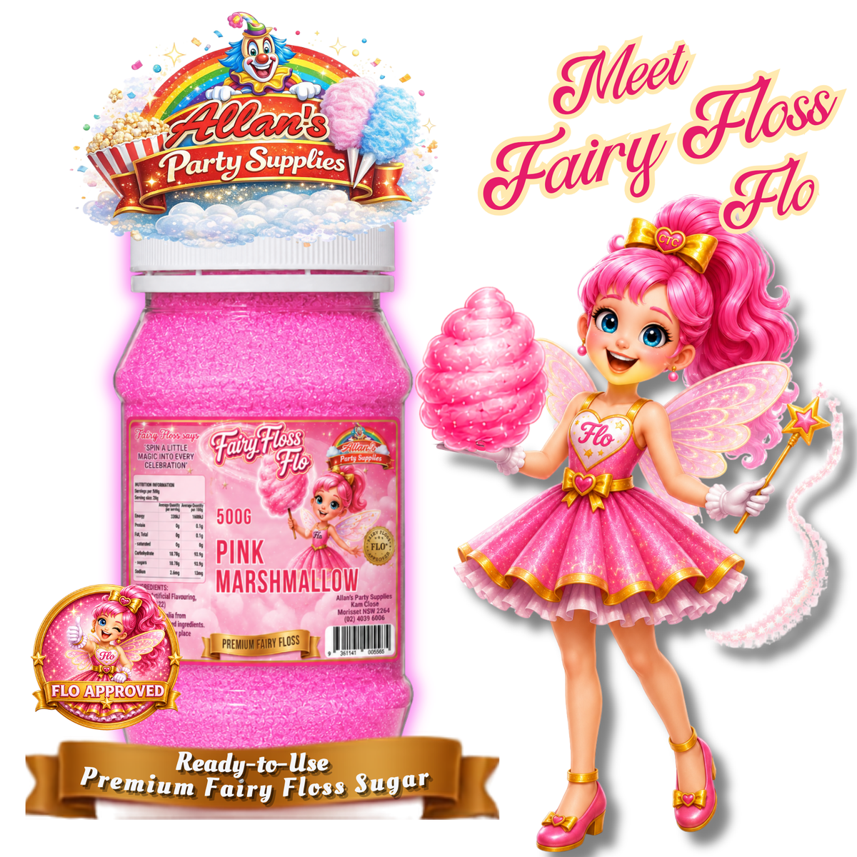 Pink Marshmallow Fairy Floss Sugar – 500g Jar - Allan's Party Supplies