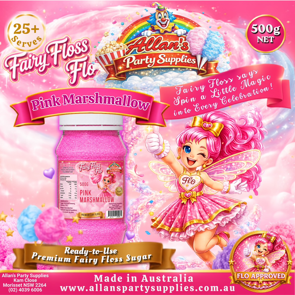 Pink Marshmallow Fairy Floss Sugar – 500g Jar - Allan's Party Supplies