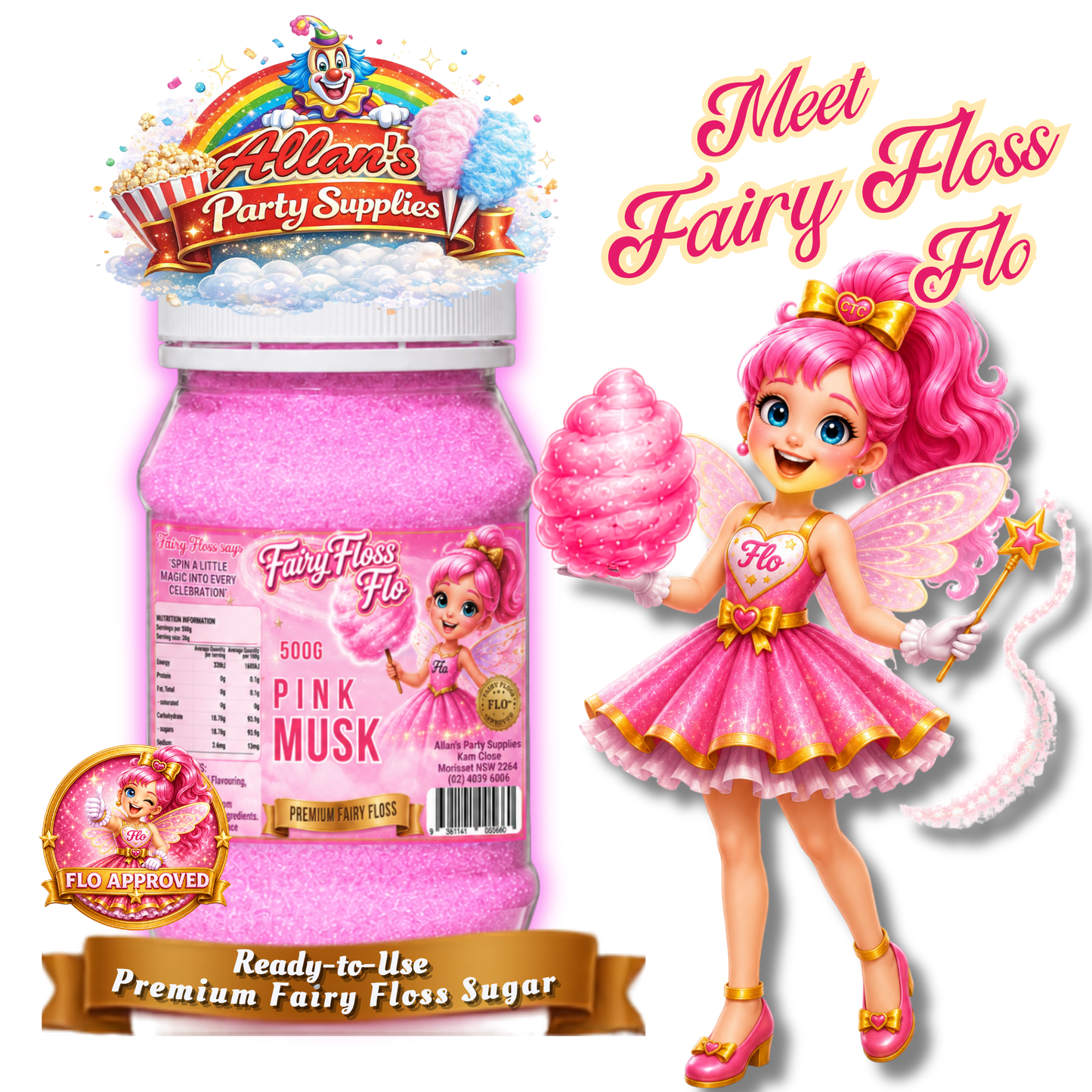 Pink Musk Fairy Floss Sugar – 500g Jar - Allan's Party Supplies
