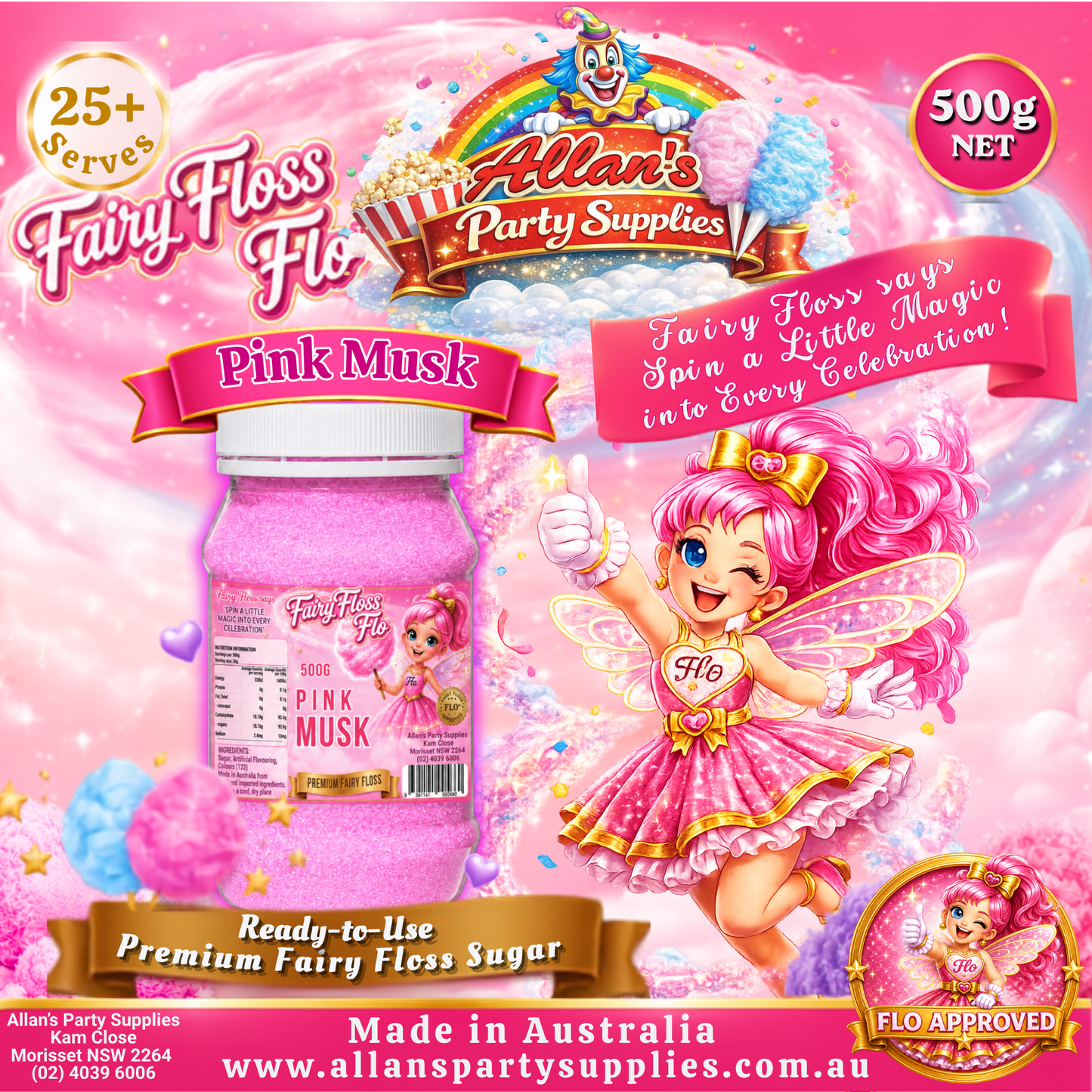 Pink Musk Fairy Floss Sugar – 500g Jar - Allan's Party Supplies