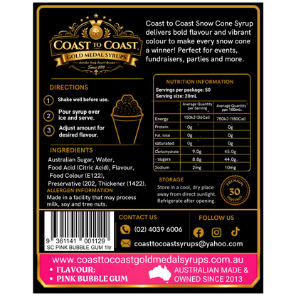 Pink Bubble Gum Snow Cone Syrups 1ltr - Coast to Coast Gold Medal Syrups®