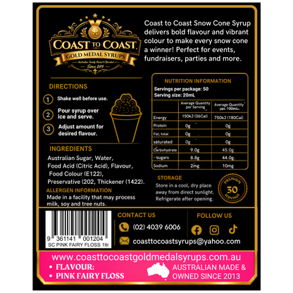 Pink Fairy Floss Snow Cone Syrups 1ltr - Coast to Coast Gold Medal Syrups®