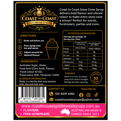 Pink Lemonade Snow Cone Syrups 1ltr - Coast to Coast Gold Medal Syrups®