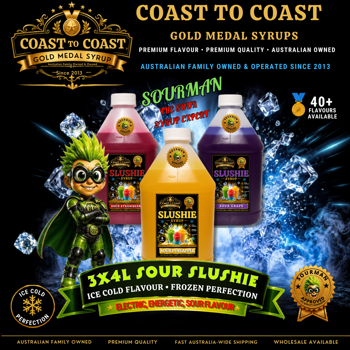 Premium Assorted Flavours Sour Slushie Syrups 3x4ltr - Coast to Coast Gold Medal Syrups