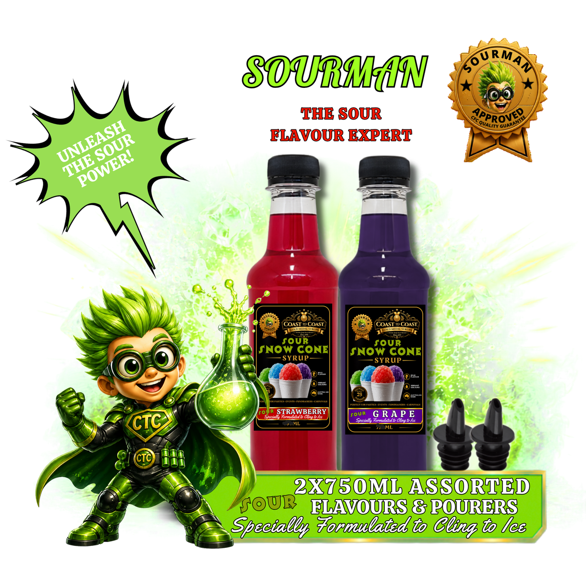 Premium Sour Snow Cone Syrups 2x375ml with Pourers - Coast to Coast Gold Medal Syrups®
