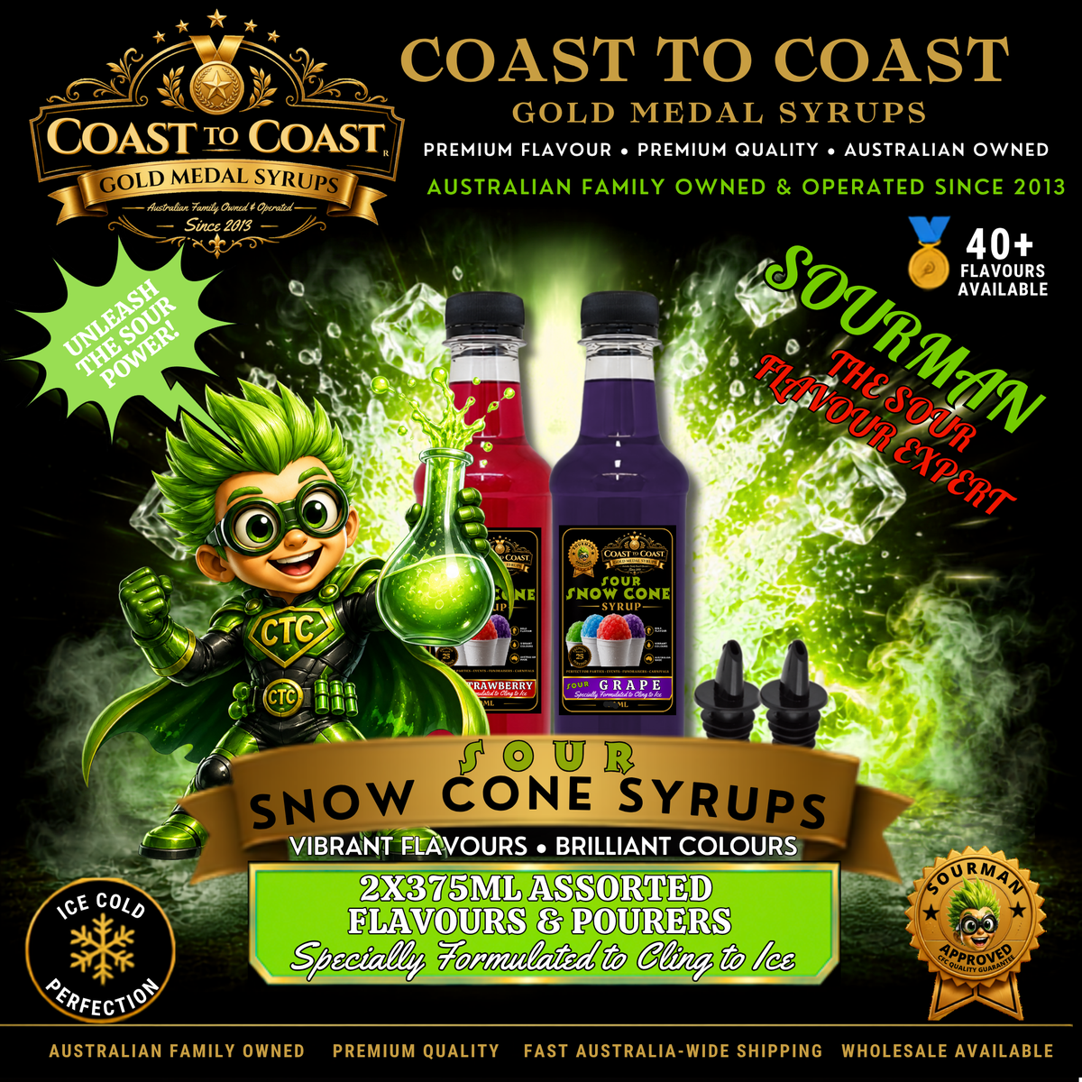 Premium Sour Snow Cone Syrups 2x375ml with Pourers - Coast to Coast Gold Medal Syrups®