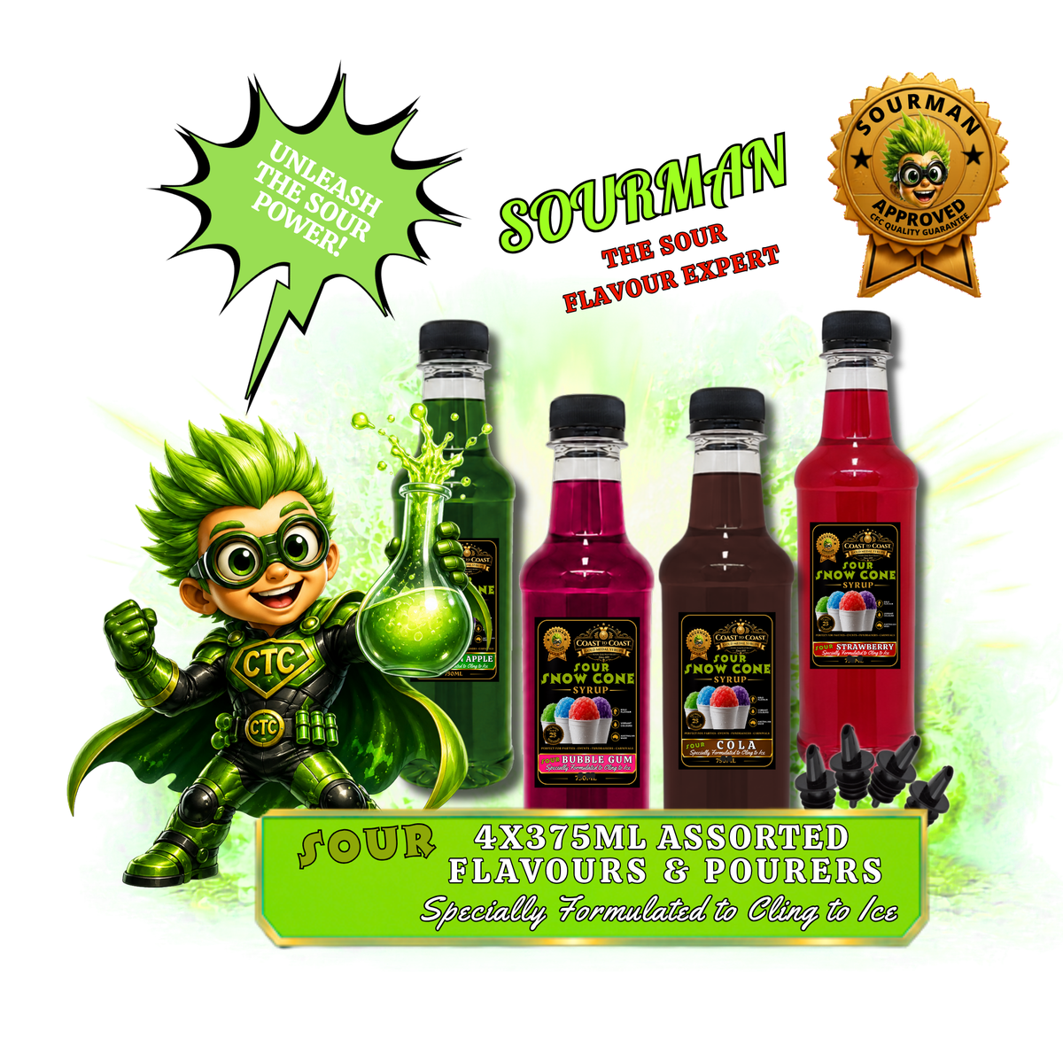 Premium Sour Snow Cone Syrups 4x375ml with Pourers - Coast to Coast Gold Medal Syrups®