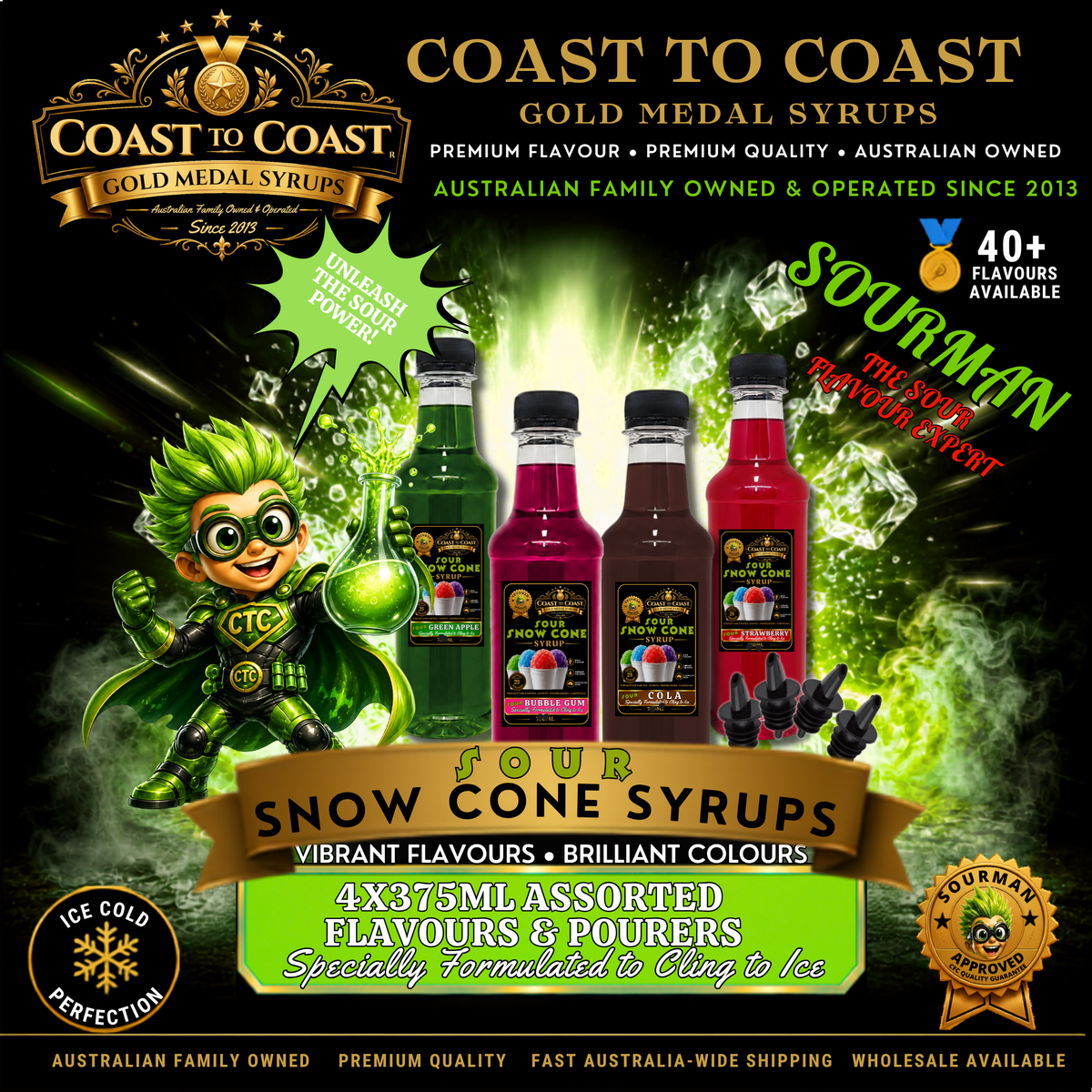 Premium Sour Snow Cone Syrups 4x375ml with Pourers - Coast to Coast Gold Medal Syrups®