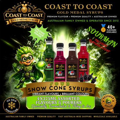 Premium Sour Snow Cone Syrups 4x375ml with Pourers - Coast to Coast Gold Medal Syrups®