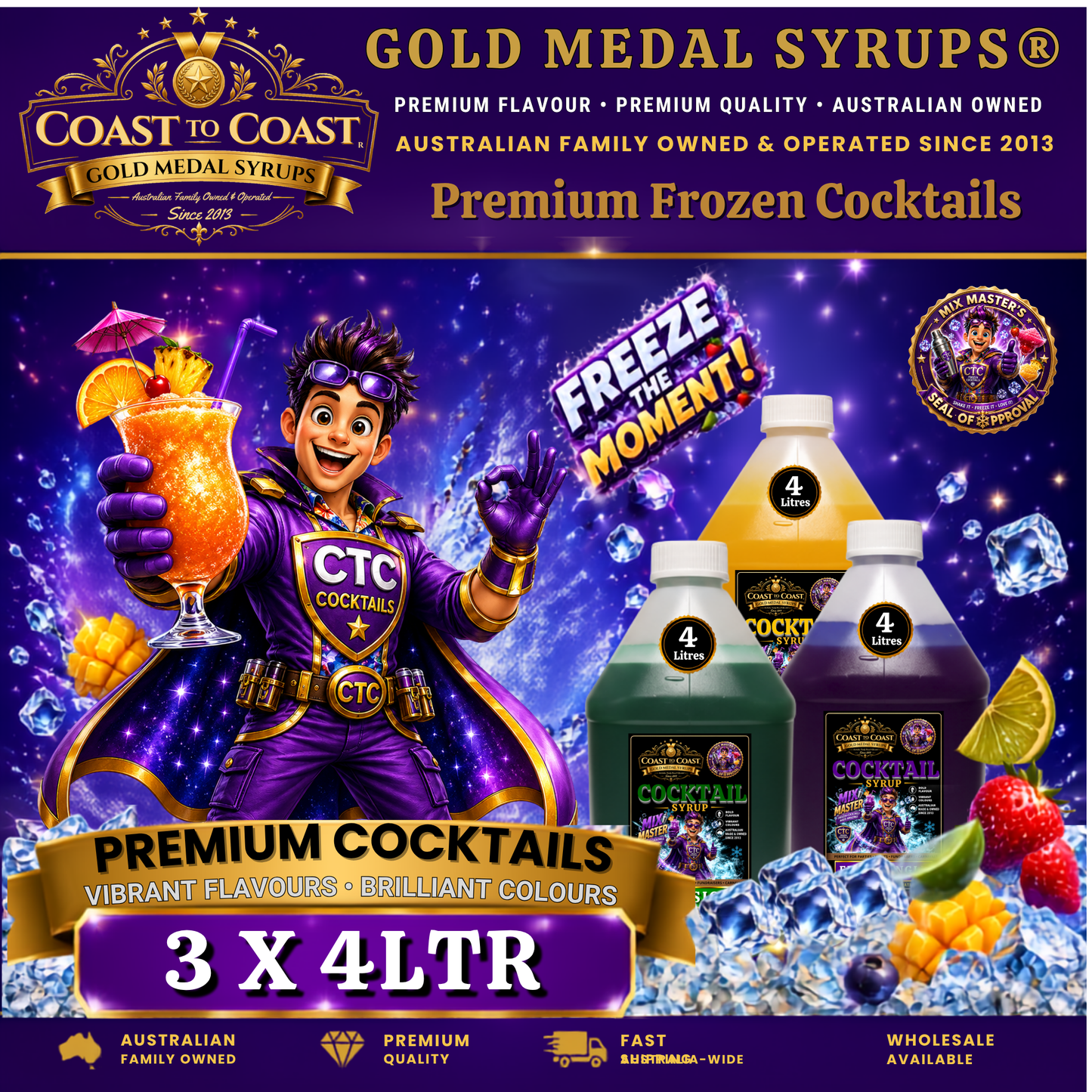 Premium Assorted Flavours Cocktail Syrups 3x4ltr - Coast to Coast Gold Medal Syrups®