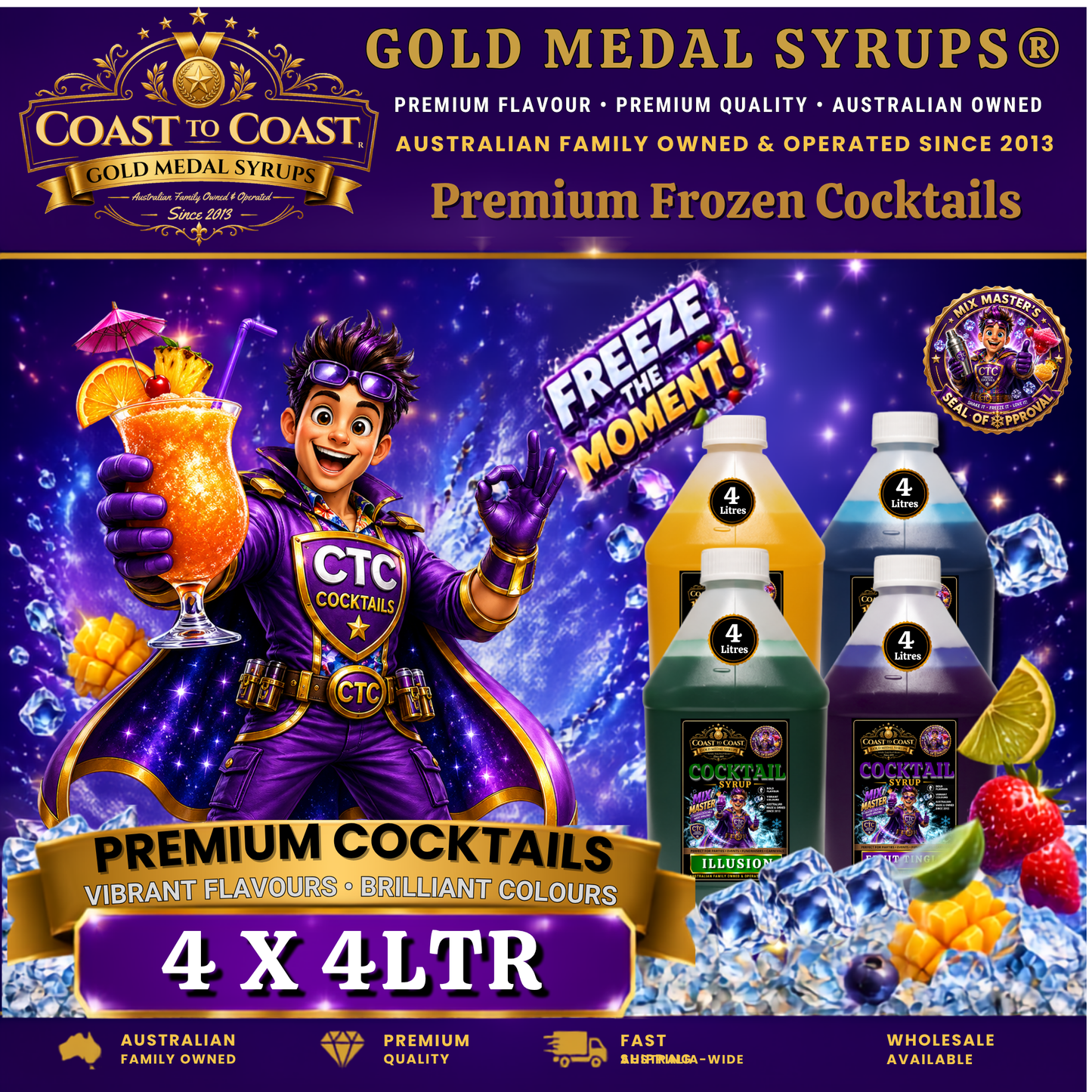 Premium Assorted Flavours Cocktail Syrups 4x4ltr - Coast to Coast Gold Medal Syrups®