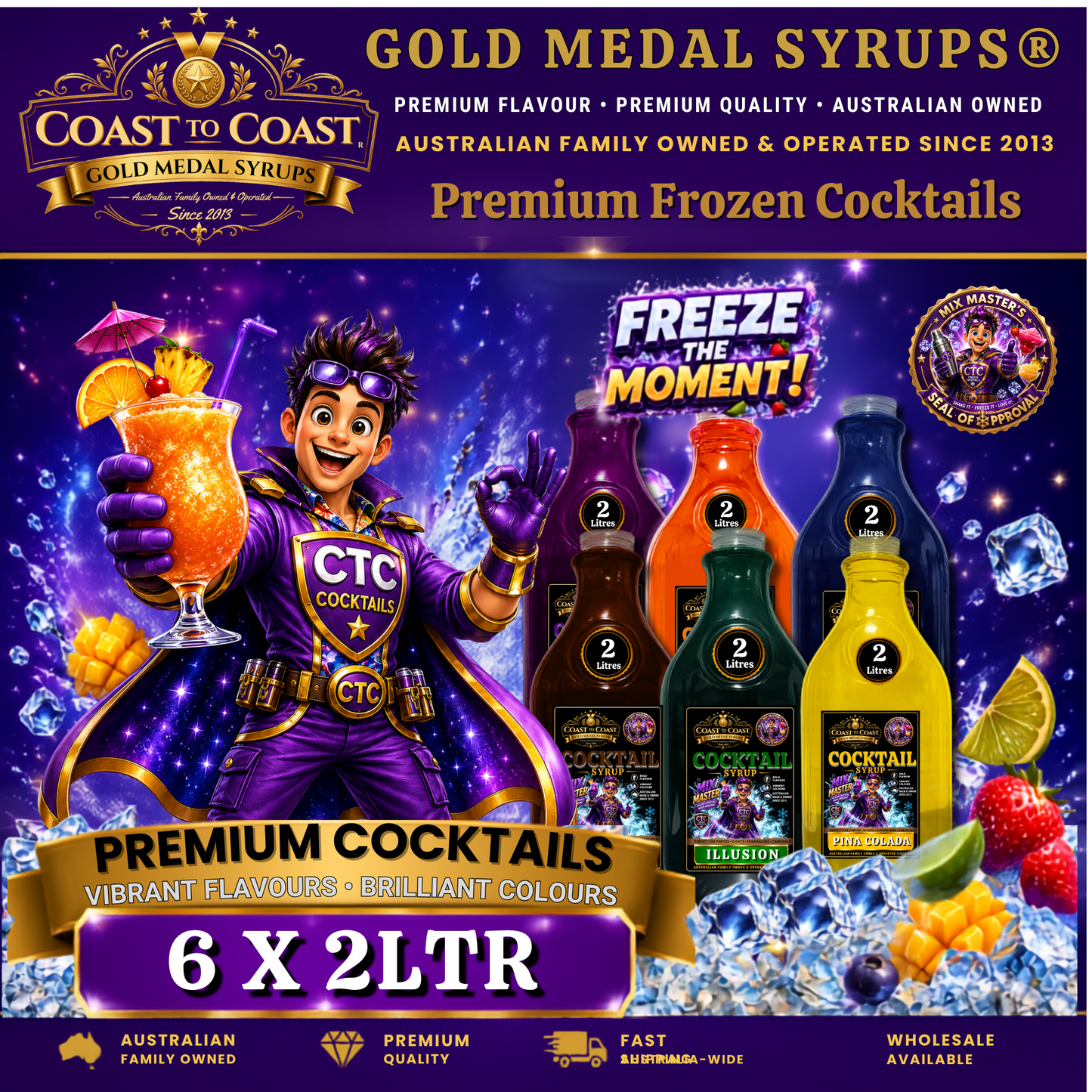 Premium Assorted Flavours Cocktail Syrups 6x2ltr - Coast to Coast Gold Medal Syrups®