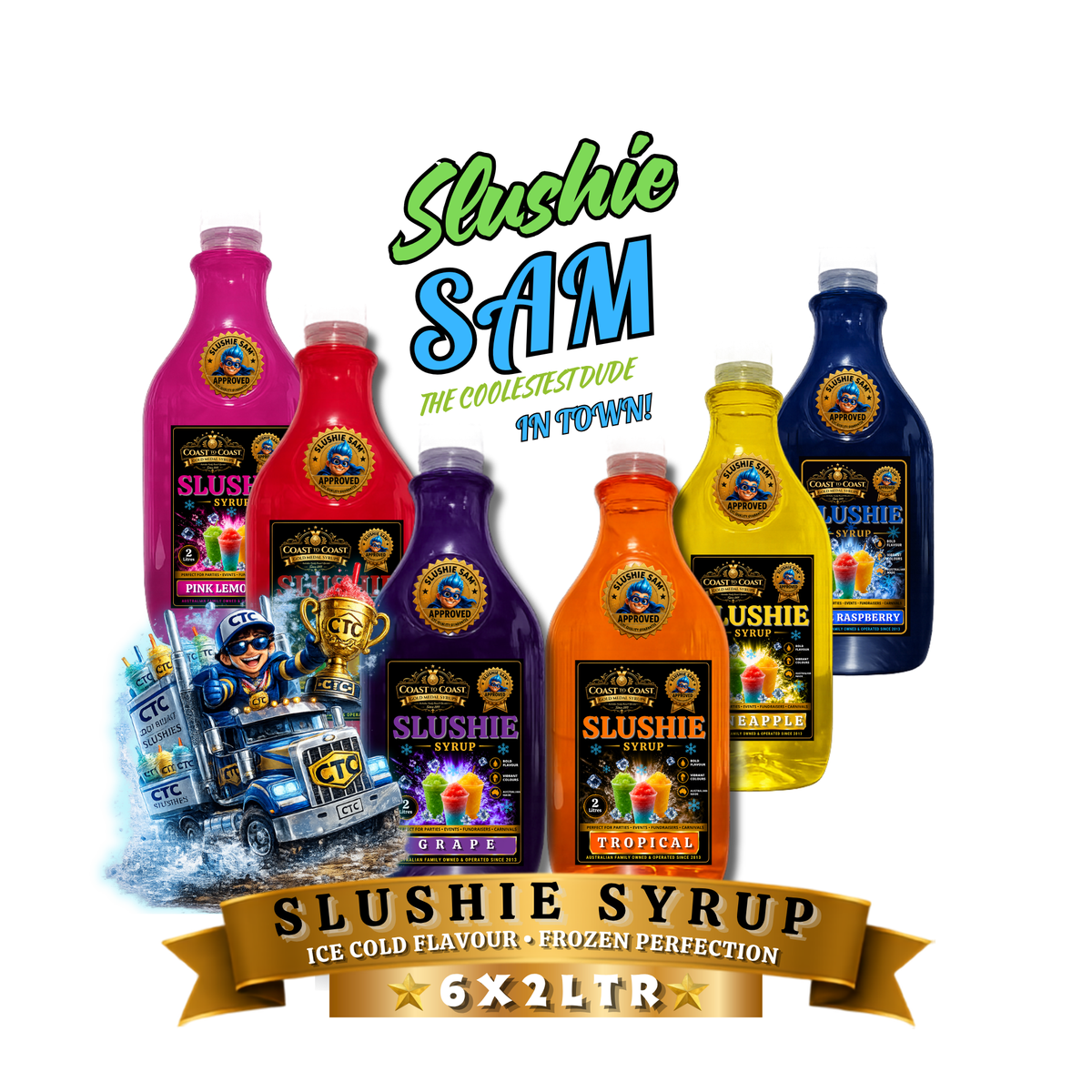 Premium Assorted Flavours 6x2ltr Slushie Syrups, Coast to Coast Gold Medal Syrups®