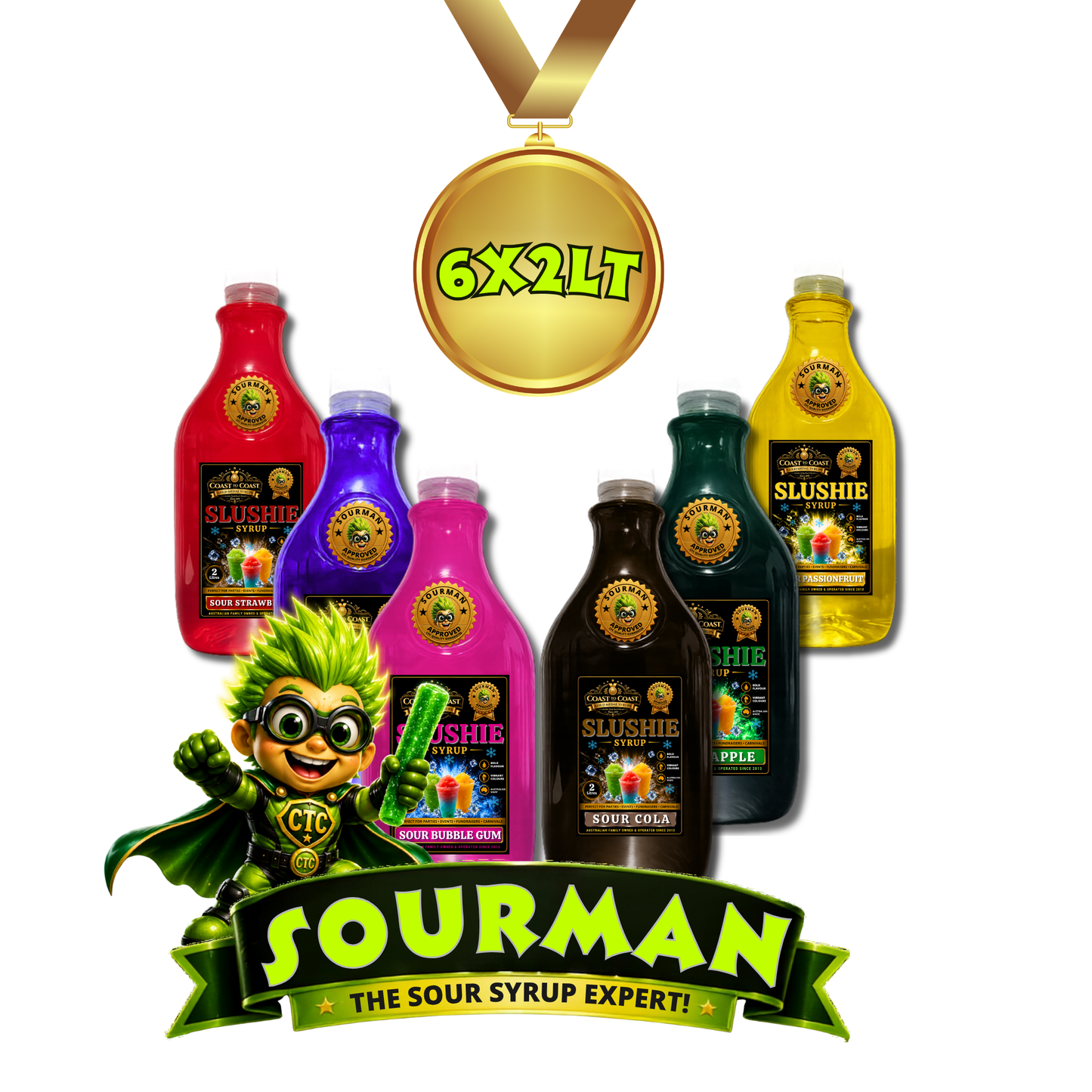 Premium Assorted Flavours Sour Slushie Syrups 6x2ltr - Coast to Coast Gold Medal Syrups