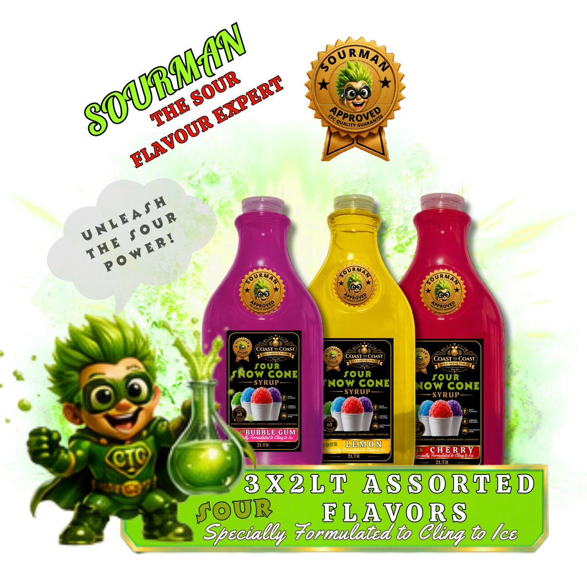 Premium Sour Snow Cone Syrup Assorted Flavours 3x2ltr - Coast to Coast Gold Medal Syrups®