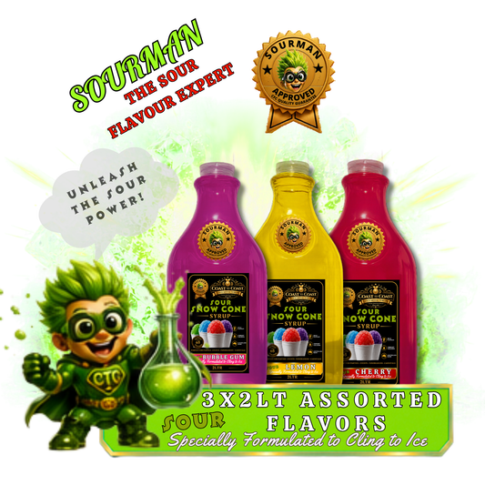 Premium Sour Snow Cone Syrup Assorted Flavours 3x2ltr - Coast to Coast Gold Medal Syrups®