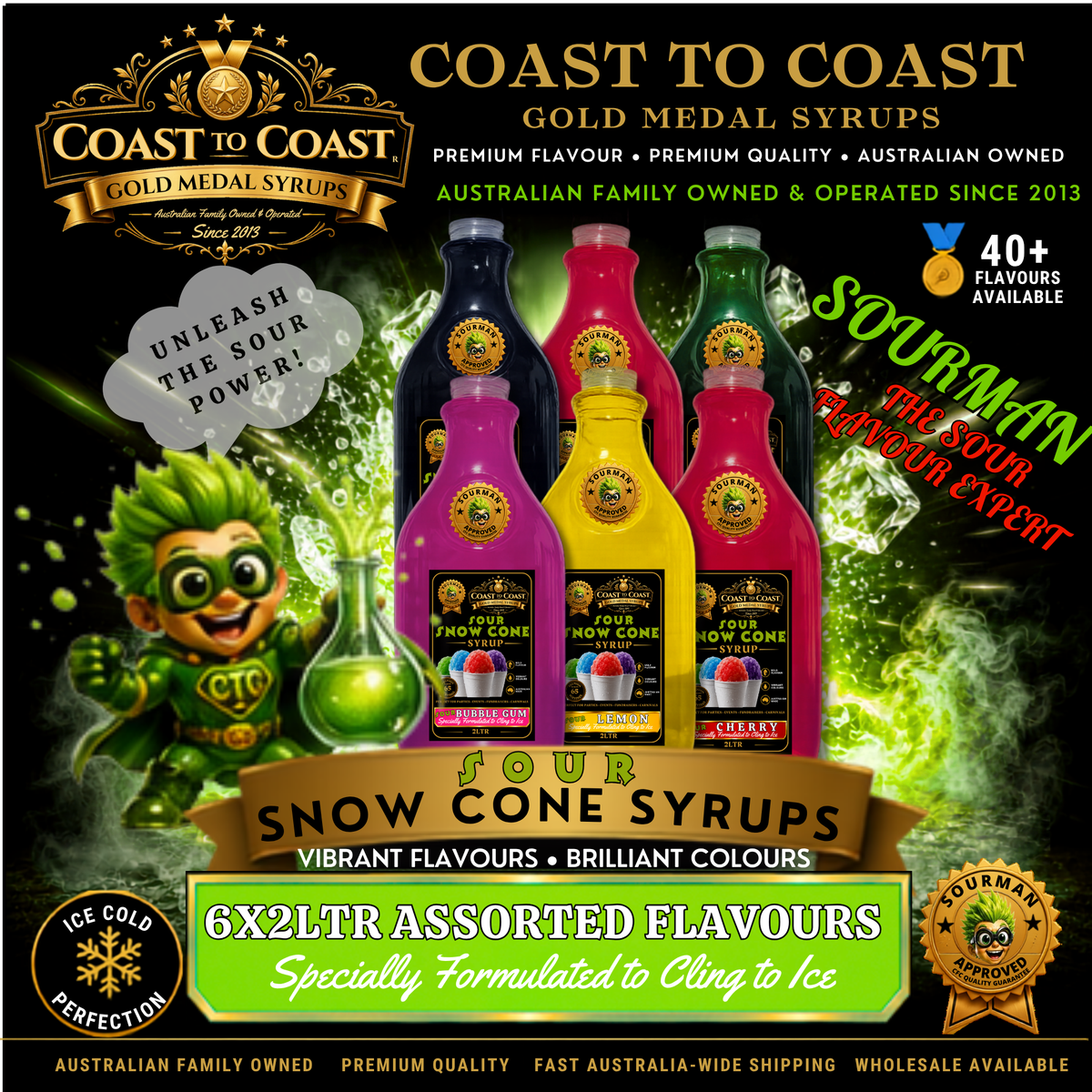 Premium Sour Snow Cone Syrup Assorted Flavours 6x2ltr - Coast to Coast Gold Medal Syrups®