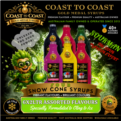 Premium Sour Snow Cone Syrup Assorted Flavours 6x2ltr - Coast to Coast Gold Medal Syrups®