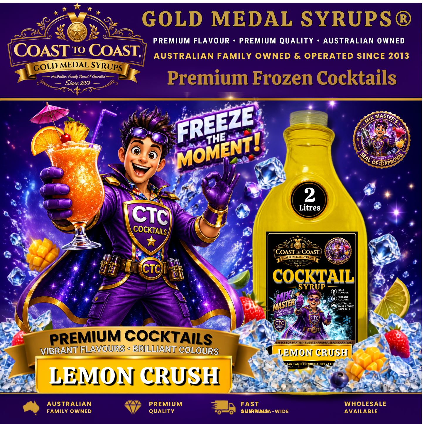 Premium Lemon Crush Cocktail Syrups 2ltr - Coast to Coast Gold Medal Syrups®