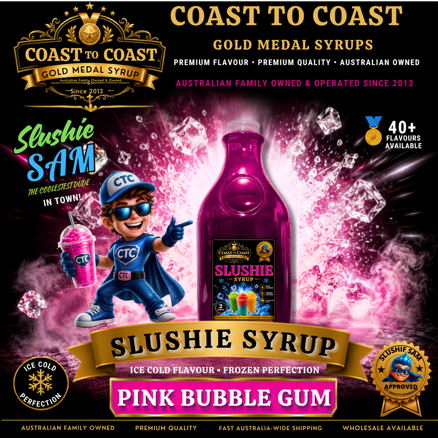 Premium Pink Bubble Gum Slushie Syrups 2ltr - Coast to Coast Gold Medal Syrups
