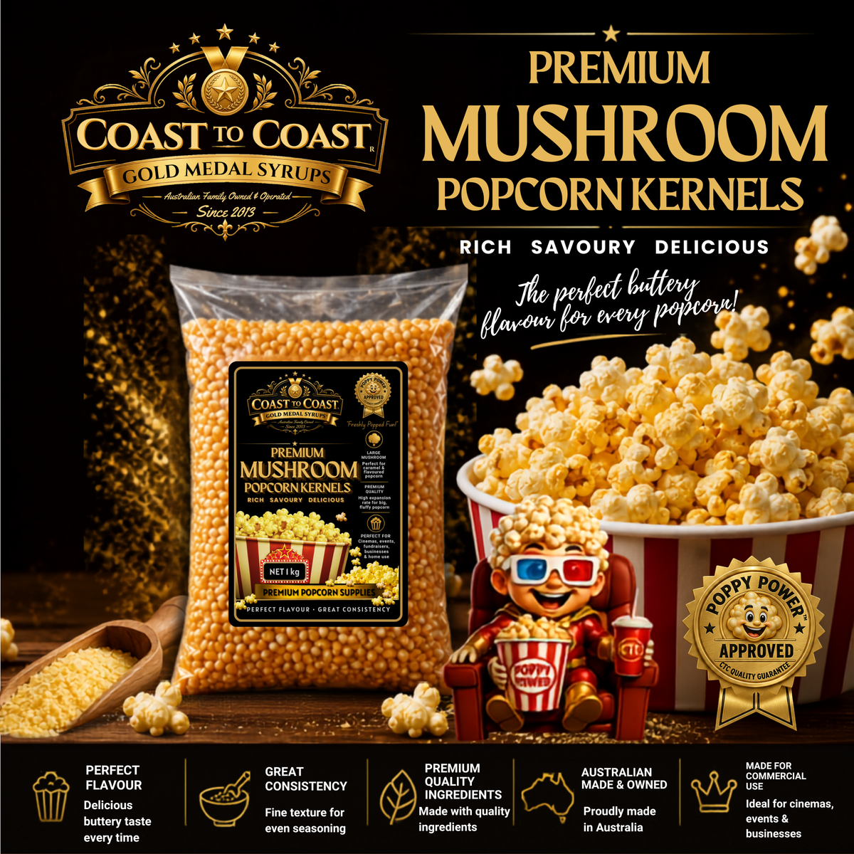 🌽 Mushroom Popcorn Kernels 1kg Coast to Coast Gold Medal Syrups®