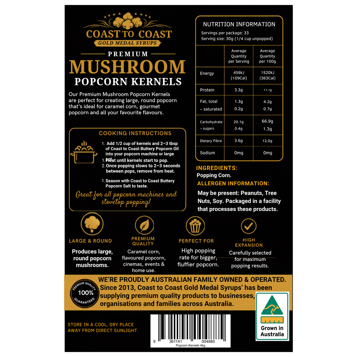🌽 Mushroom Popcorn Kernels 4kg - Coast to Coast Gold Medal Syrups®