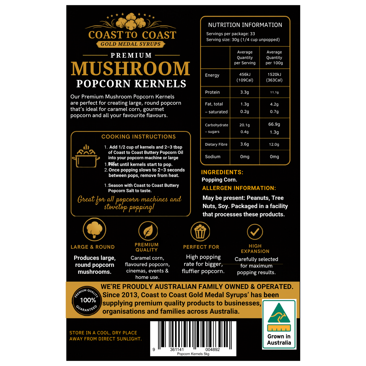 🌽 Mushroom Popcorn Kernels 5kg - Coast to Coast Gold medal syrups®