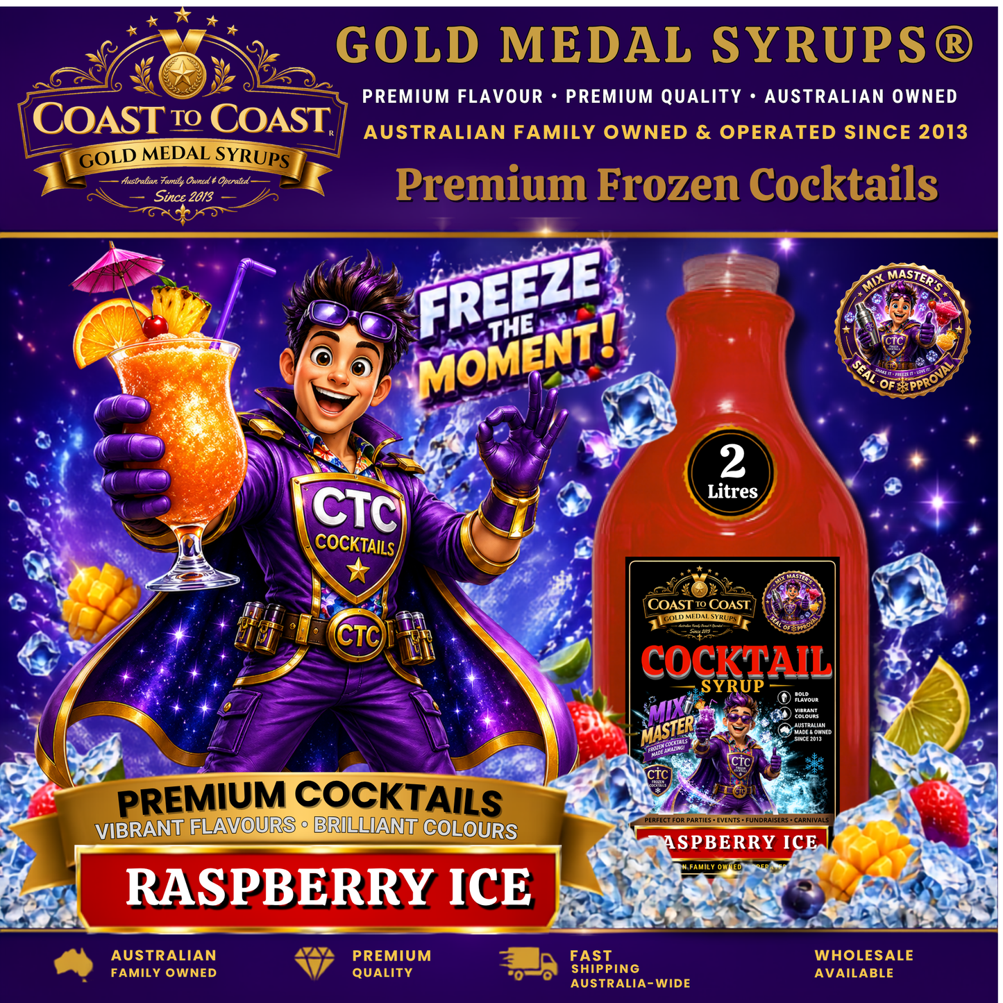 Premium Raspberry Ice Cocktail Syrups 2ltr - Coast to Coast Gold Medal Syrups®