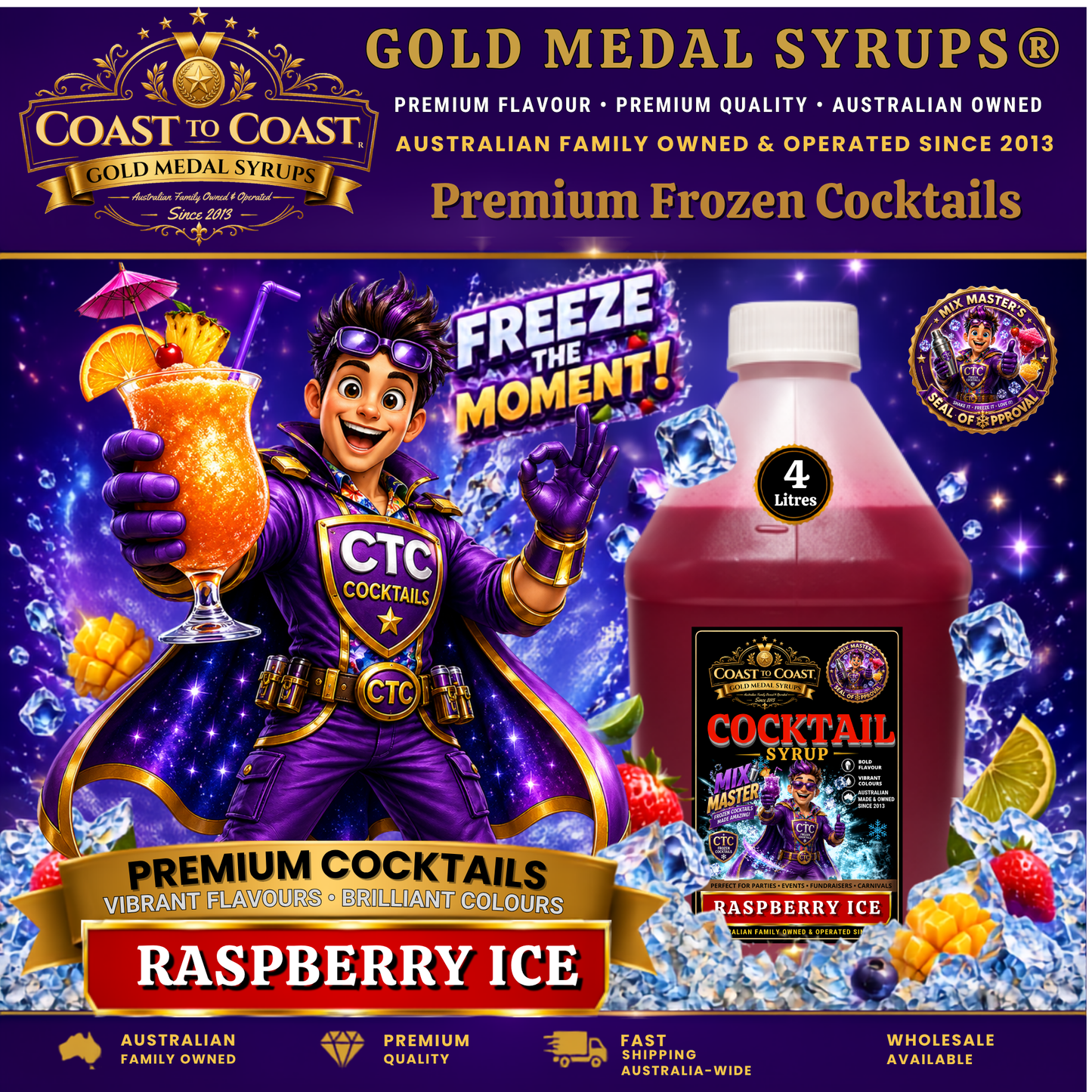 Premium Raspberry Ice Cocktail Syrups 4ltr - Coast to Coast Gold Medal Syrups®