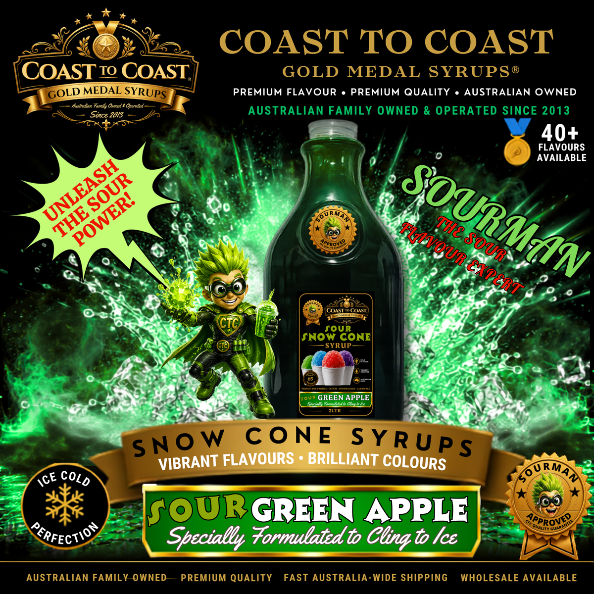 Premium Sour Green Apple Snow Cone Syrup 2ltr - Coast to Coast Gold Medal Syrups®