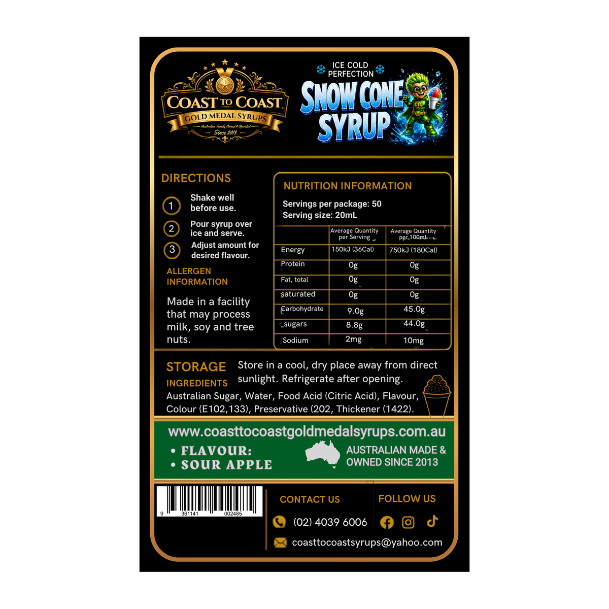Premium Sour Green Apple Snow Cone Syrup 2ltr - Coast to Coast Gold Medal Syrups®