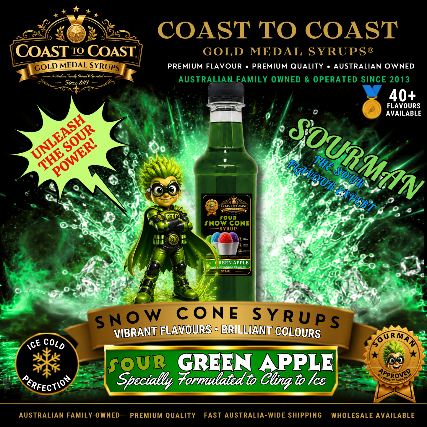 Premium Sour Green Apple Snow Cone Syrup 375ml - Coast to Coast Gold Medal Syrups®