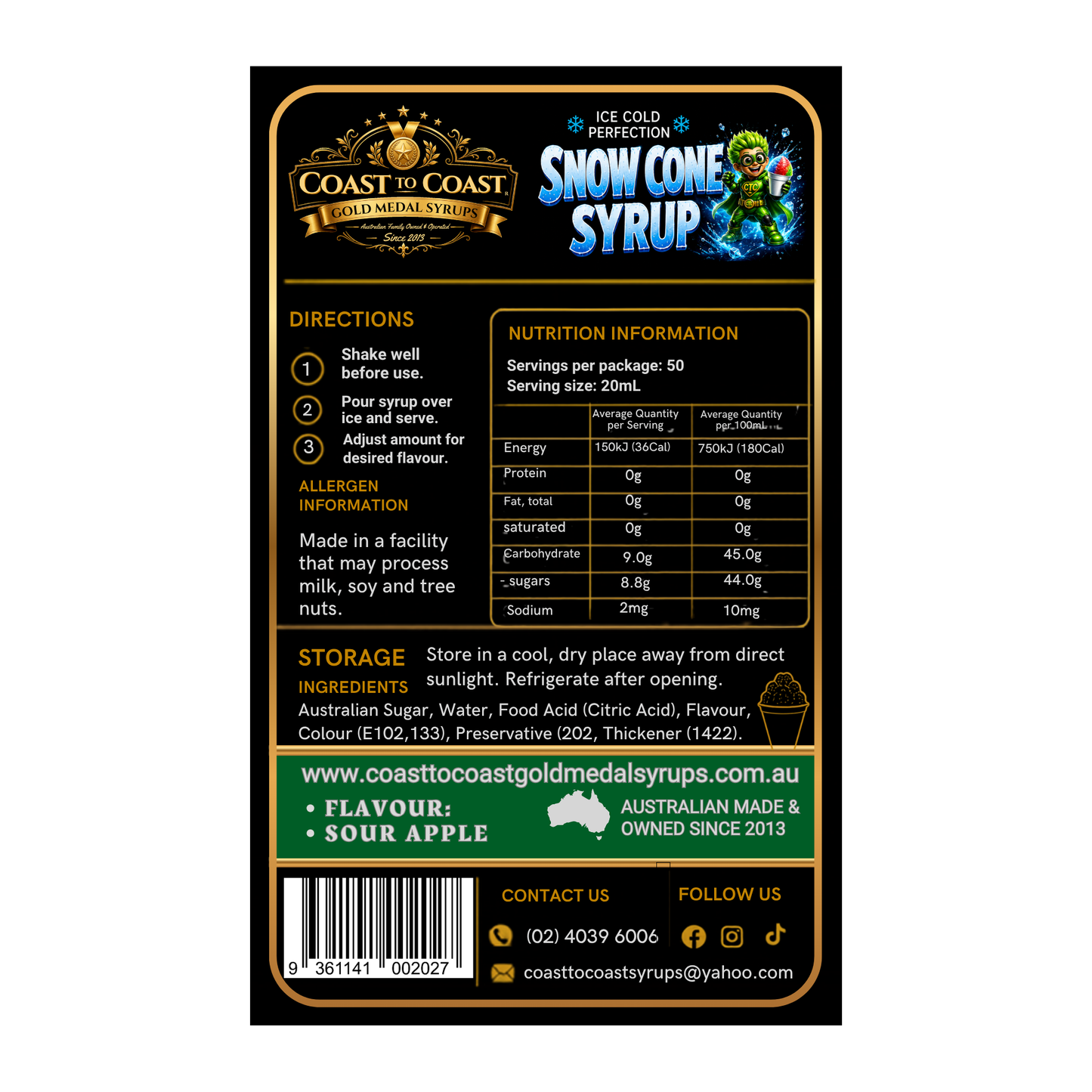 Premium Sour Green Apple Snow Cone Syrup 375ml - Coast to Coast Gold Medal Syrups®