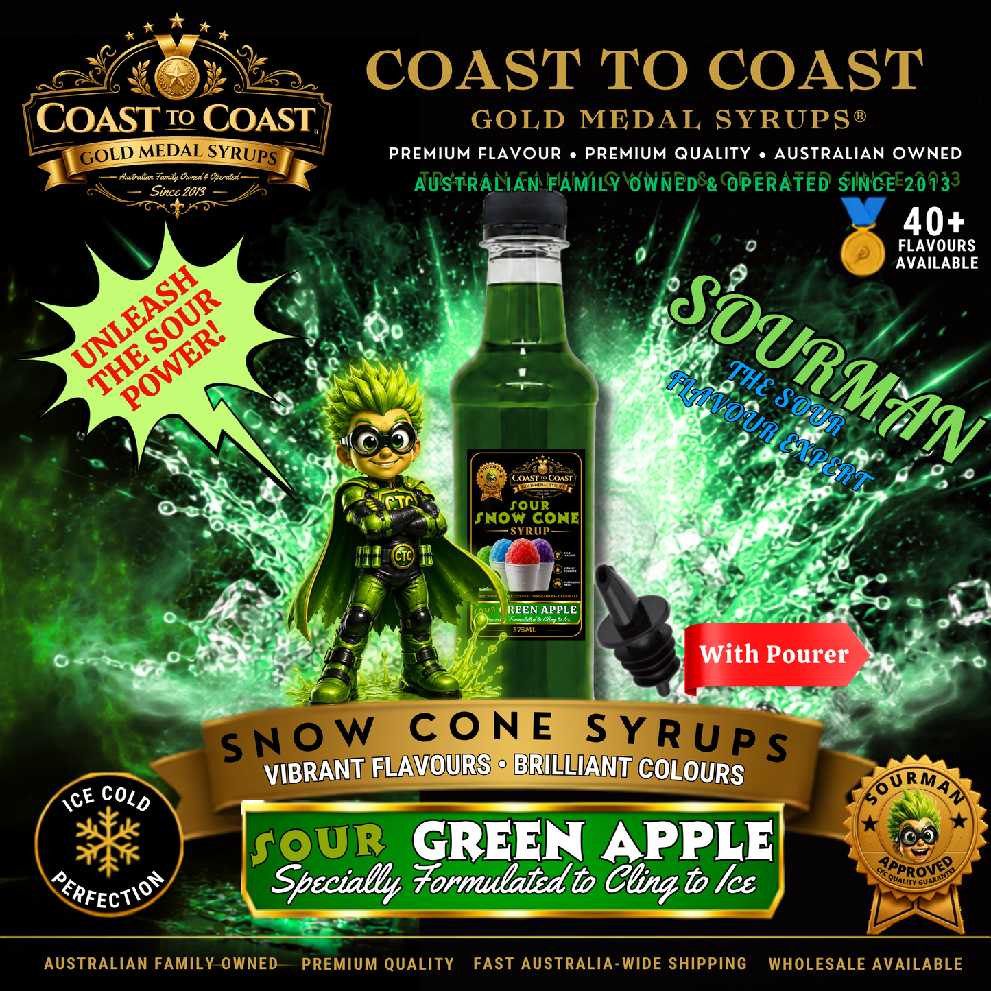 Premium Sour Green Apple Snow Cone Syrup 375ml with Pourer - Coast to Coast Gold Medal Syrups®