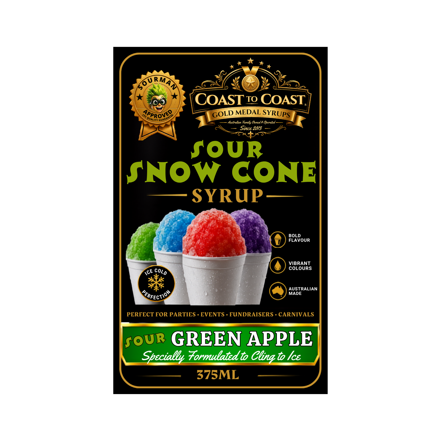 Premium Sour Green Apple Snow Cone Syrup 375ml with Pourer - Coast to Coast Gold Medal Syrups®