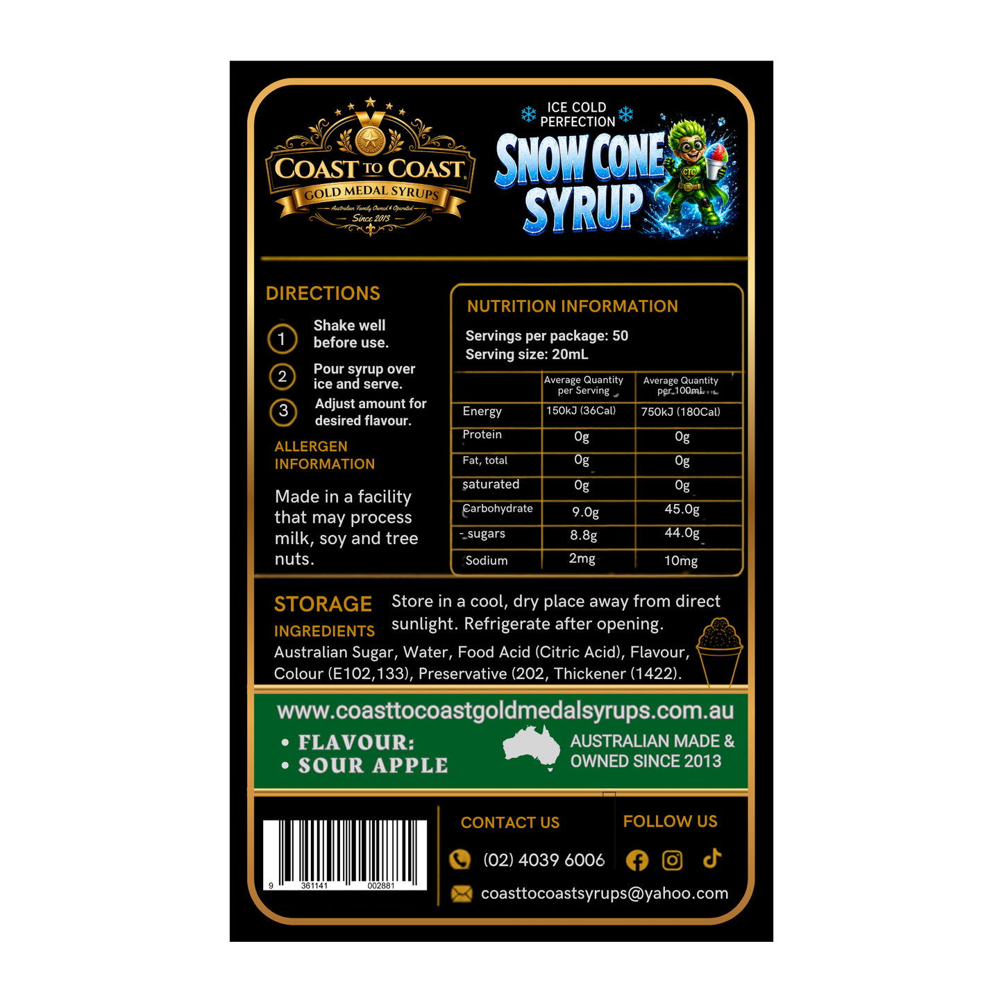 Premium Sour Green Apple Snow Cone Syrup 4ltr - Coast to Coast Gold Medal Syrups®