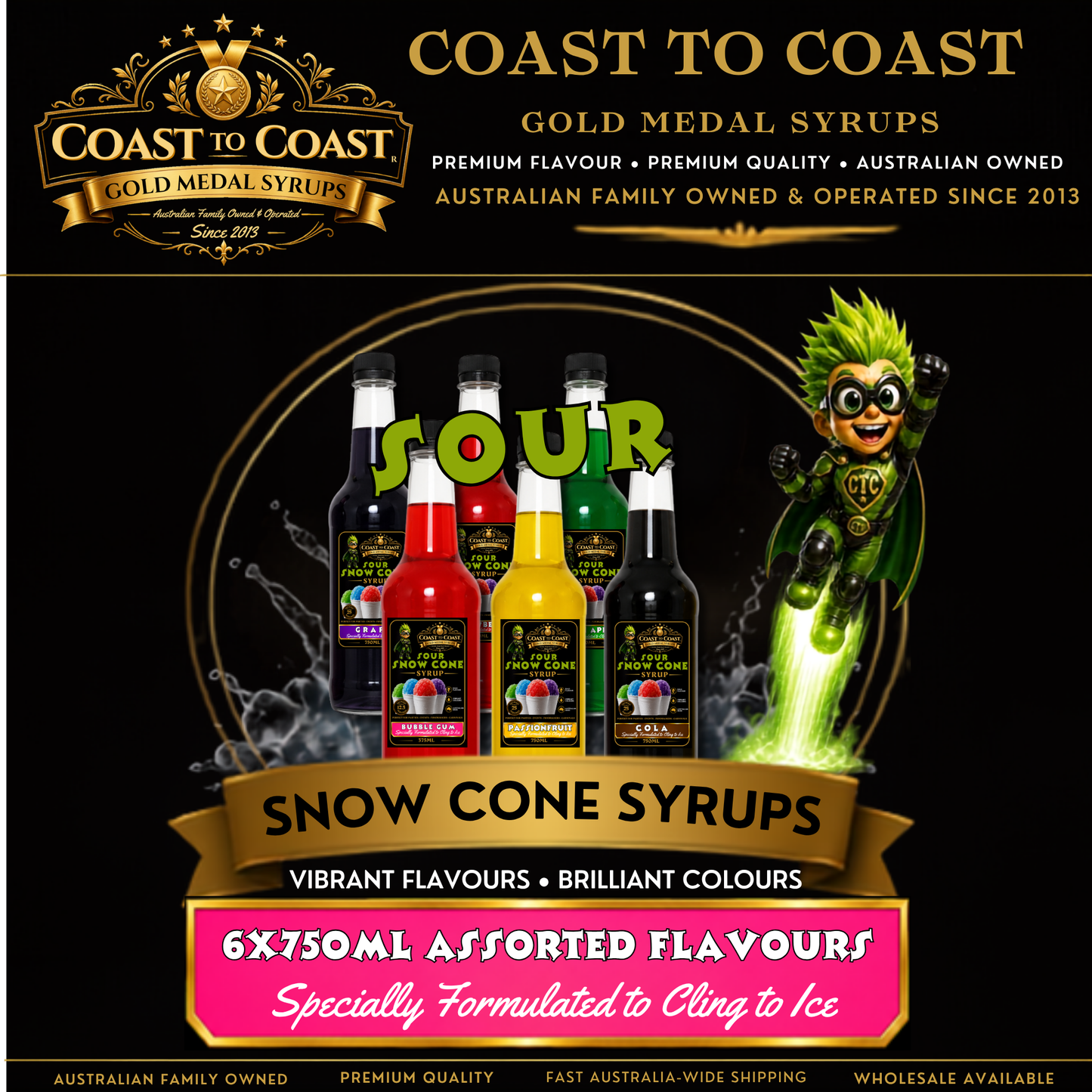 Premium Snow Cone Sour Assorted Flavour 6x750ml - Coast to Coast Gold Medal Syrups®